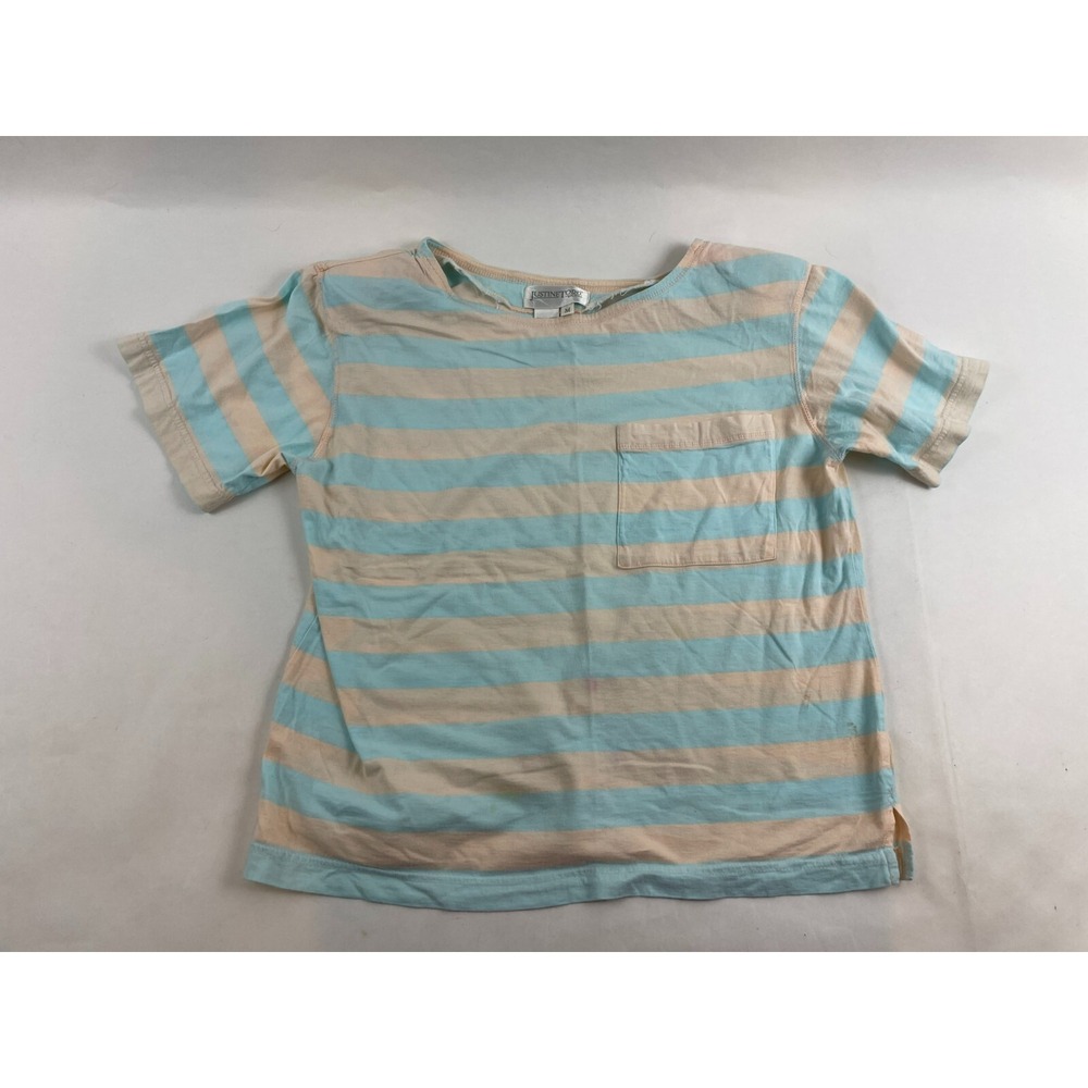 Justine Todd T-shirt Women's Size M Peach Blue Striped Short Slv  Shoulder Pads